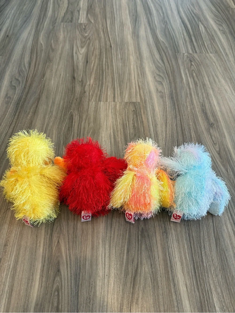 4Pc Ty Fuzzy Plush Animals - Yellow, Red, Rainbow, Light Blue